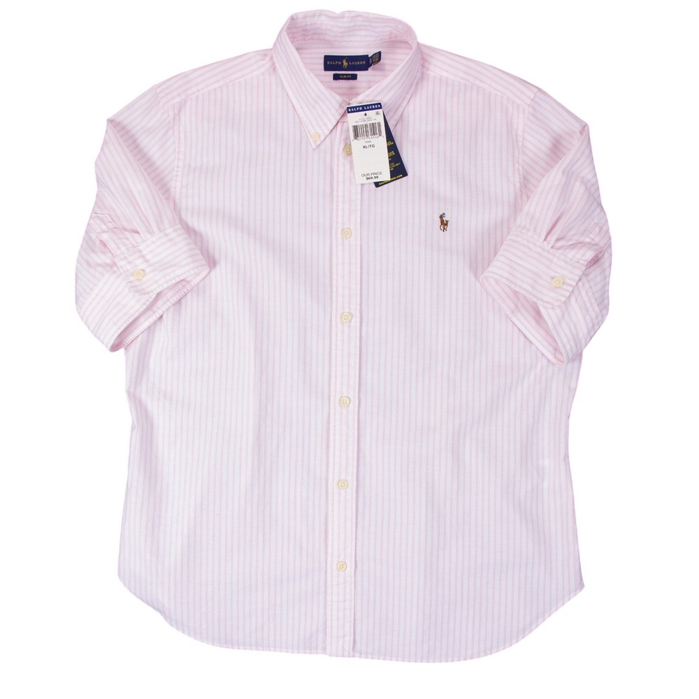 NWT Polo Ralph Lauren Mens XL Slim Fit Pink White Oxford Striped SS Shirt